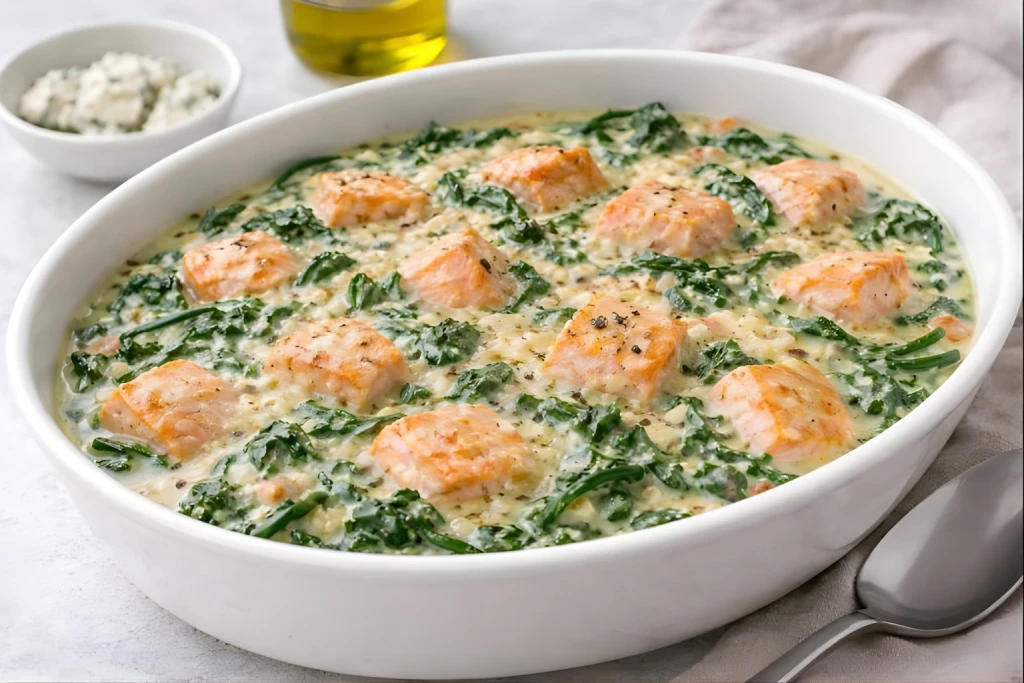 Espinacas a la crema con salm&oacute;n gratinadas en fuente blanca, con dados de salm&oacute;n dorados, crema ligera y acabado de queso rallado en fondo neutro y luminoso
