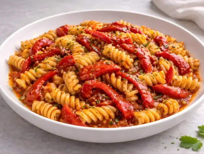 Espirales con pimientos rojos asados en tiras sobre pasta en salsa de tomate, emplatadas en cuenco blanco con luz natural y fondo neutro.