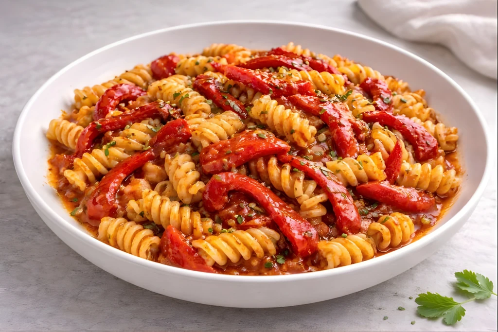 Espirales con pimientos rojos asados en tiras sobre pasta en salsa de tomate, emplatadas en cuenco blanco con luz natural y fondo neutro.