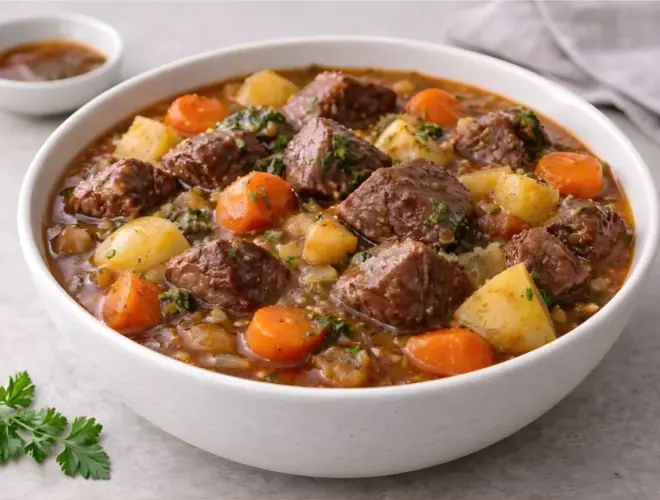 Estofado de ternera casero servido en cuenco blanco con verduras variadas y salsa melosa, luz natural y fondo neutro
