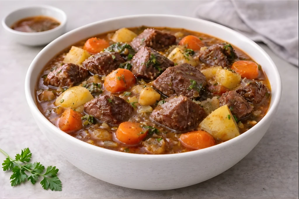 Estofado de ternera casero servido en cuenco blanco con verduras variadas y salsa melosa, luz natural y fondo neutro