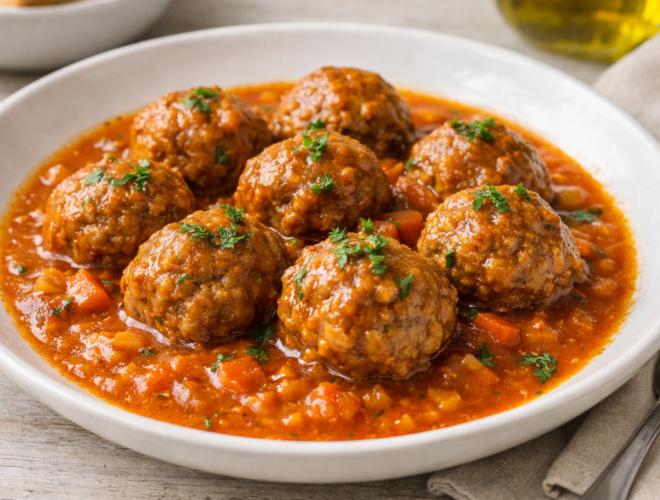 Alb&oacute;ndigas de soja en salsa con tomate y verduras servidas en plato blanco, acabado gourmet y luz natural.