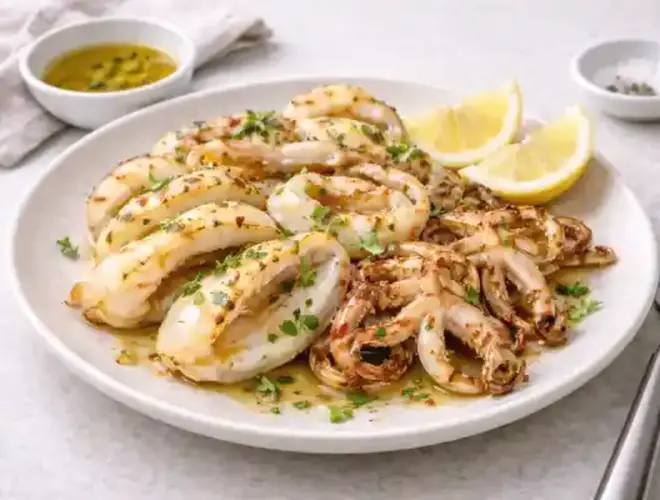 Jibia a la plancha dorada y tierna, servida en plato con un hilo de aceite de oliva y sal, fotograf&iacute;a luminosa en fondo neutro