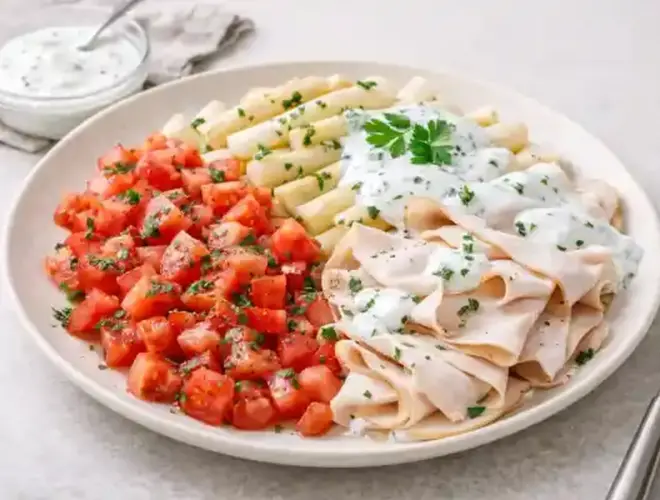 Tomate picado con esp&aacute;rragos blancos y fiambre de pavo, servido en plato con salsa de yogur cremosa