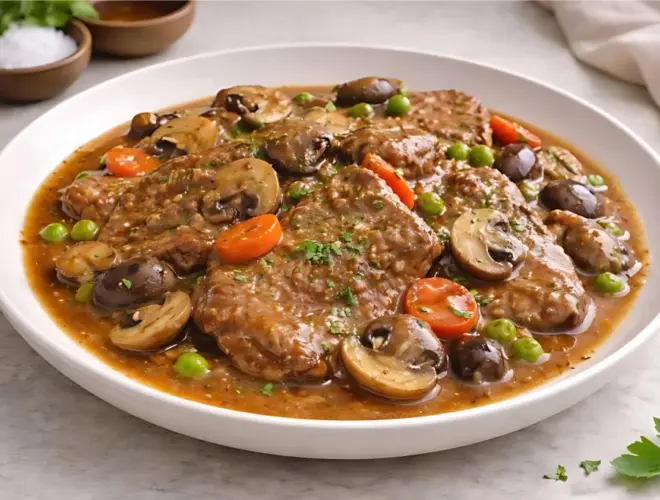 Fricand&oacute; de ternera en salsa con setas laminadas, zanahoria y guisantes, servido en plato claro con luz natural suave y fondo neutro.