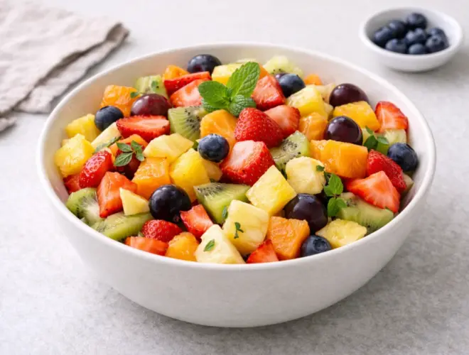 Fruta de temporada troceada en bol, fresca y colorida, servida con luz natural en fondo neutro