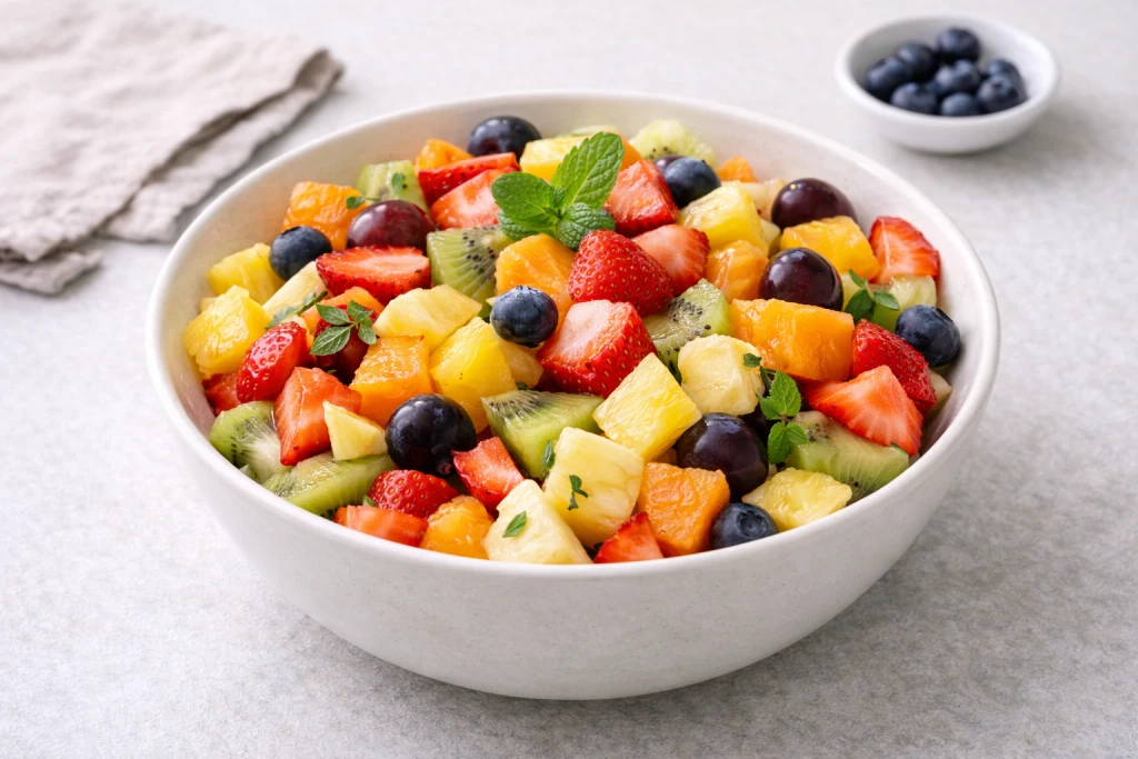 Fruta de temporada troceada en bol, fresca y colorida, servida con luz natural en fondo neutro