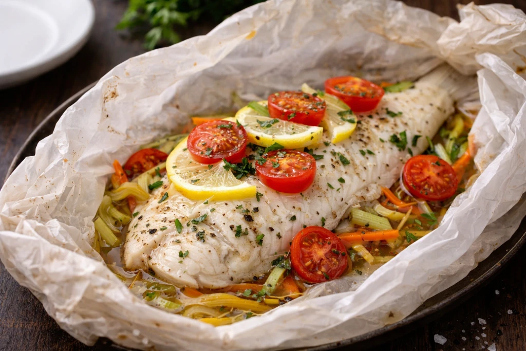 Gallo al papillote jugoso y ligero, cocinado en papel de horno con piment&oacute;n dulce y hierbas arom&aacute;ticas, servido en plato con luz natural