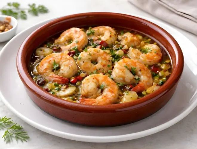 Gambas al pil pil en cazuela de barro con aceite de oliva, ajo laminado, guindilla y piment&oacute;n, fotograf&iacute;a luminosa y realista.