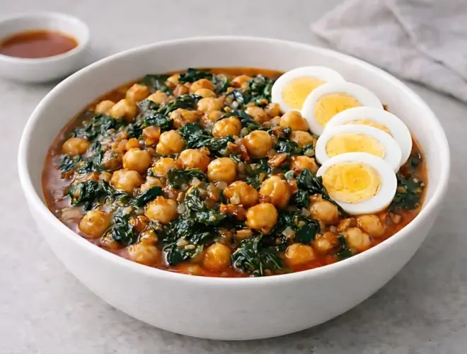 Garbanzos con espinacas estilo Sevilla servidos en cuenco blanco, con salsa rojiza de piment&oacute;n y brillo de aceite, luz natural y fondo neutro