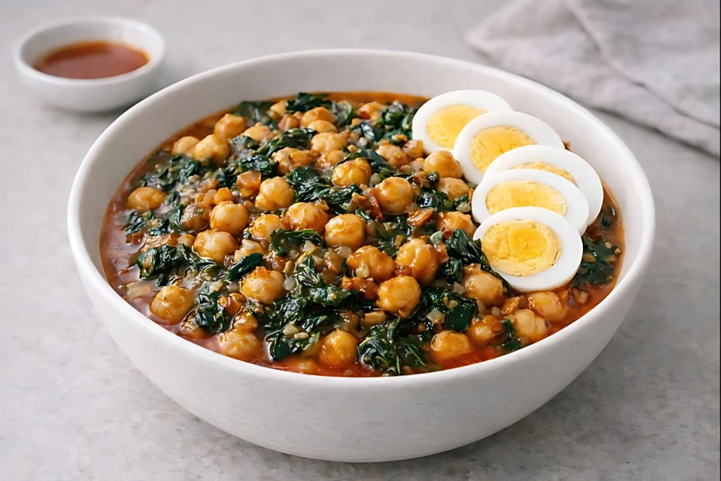 Garbanzos con espinacas estilo Sevilla servidos en cuenco blanco, con salsa rojiza de piment&oacute;n y brillo de aceite, luz natural y fondo neutro