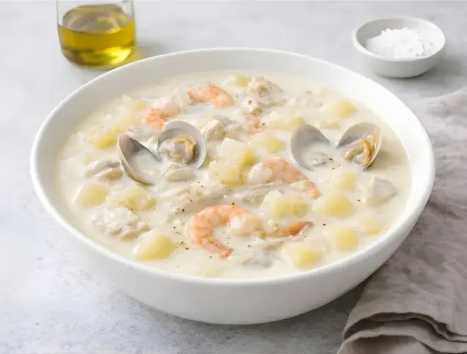 Gazpachuelo malague&ntilde;o servido en cuenco blanco con caldo cremoso, patata en dados, pescado blanco, gambas y almejas sobre fondo neutro y luminoso
