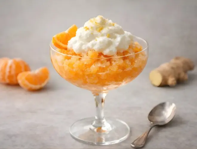 Granizado de mandarina y jengibre con nube de yogur griego servido en copa, textura cristalina y acabado gourmet, fondo neutro y luz natural.