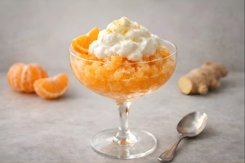 Granizado de mandarina y jengibre con nube de yogur griego servido en copa, textura cristalina y acabado gourmet, fondo neutro y luz natural.