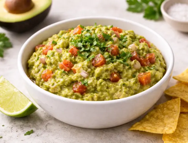 Guacamole casero saludable en cuenco blanco, textura r&uacute;stica con tomate, cebolla y cilantro, con lima al lado