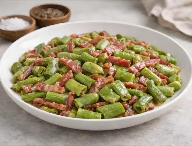 Habas salteadas con jam&oacute;n serrano y cebolleta, servidas en plato blanco, foto gourmet luminosa con fondo neutro.