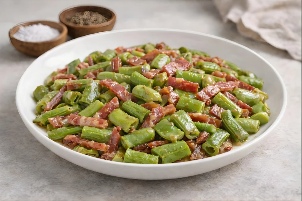 Habas salteadas con jam&oacute;n serrano y cebolleta, servidas en plato blanco, foto gourmet luminosa con fondo neutro.