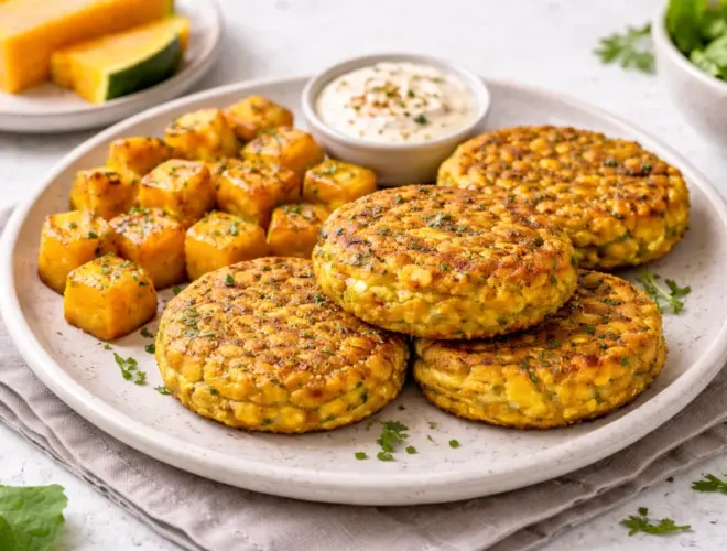 Hamburguesas de calabaza con ternera, jugosas y doradas, servidas en plato blanco con fondo neutro