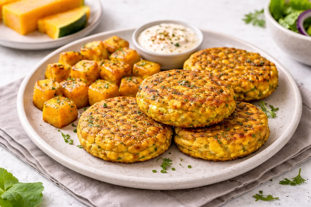 Hamburguesas de calabaza con ternera, jugosas y doradas, servidas en plato blanco con fondo neutro