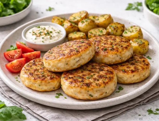 Hamburguesas de pollo caseras doradas a la plancha con ajo, perejil y comino, servidas en plato con guarnici&oacute;n ligera.