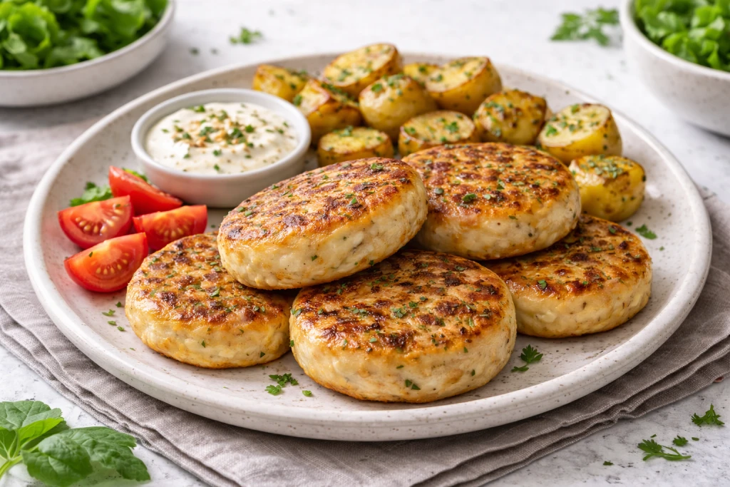 Hamburguesas de pollo caseras doradas a la plancha con ajo, perejil y comino, servidas en plato con guarnici&oacute;n ligera.