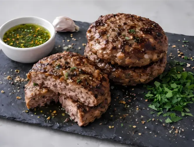 Hamburguesas de ternera caseras doradas en pizarra, con perejil fresco y aceite de oliva en fondo neutro y luminoso.