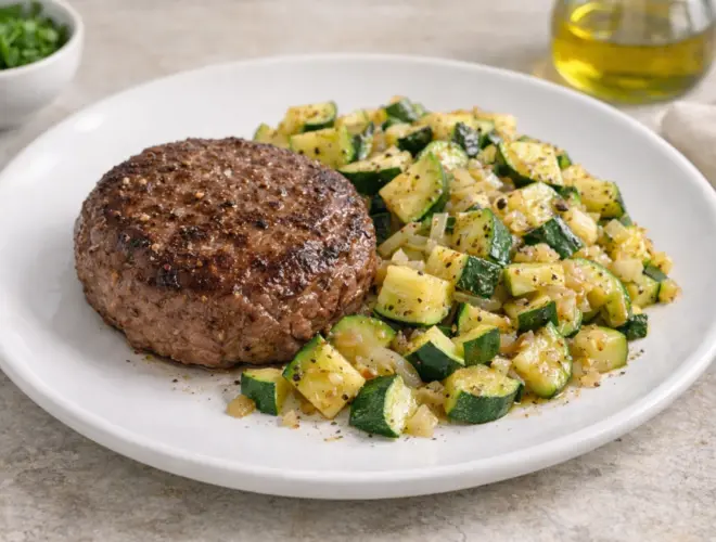 Hamburguesa de ternera con guarnici&oacute;n de calabac&iacute;n salteado con cebolla, servida en plato blanco, foto gourmet luminosa