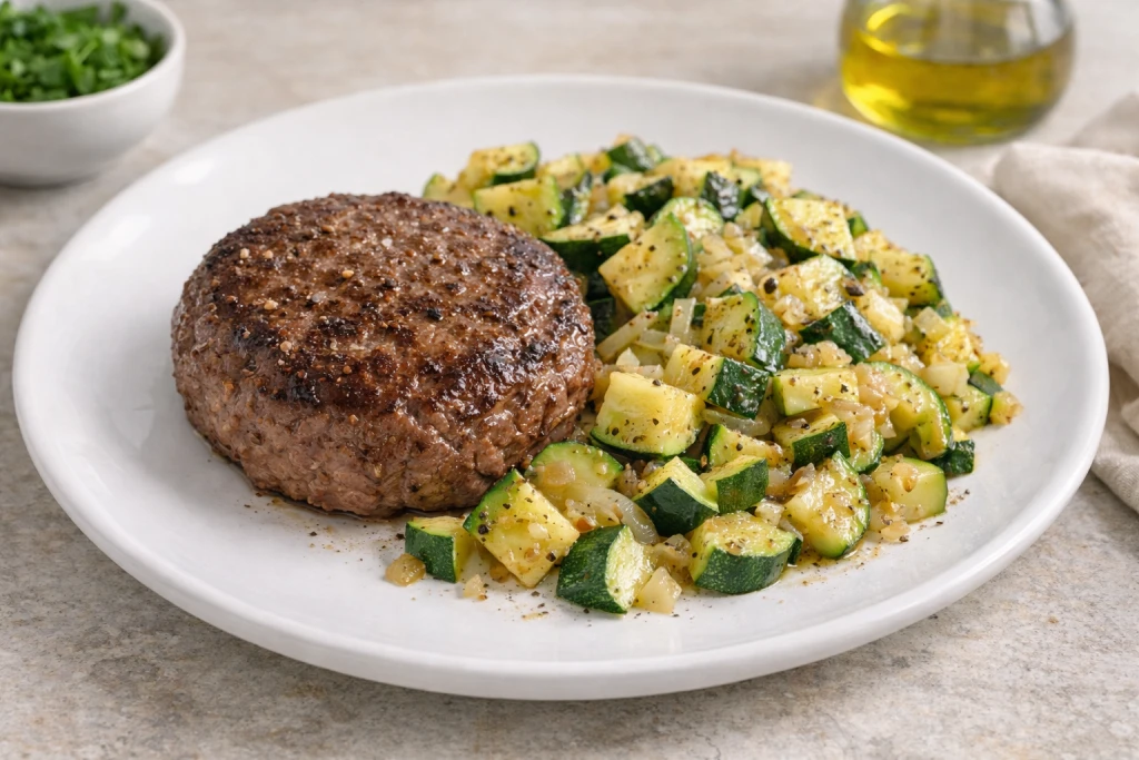 Hamburguesa de ternera con guarnici&oacute;n de calabac&iacute;n salteado con cebolla, servida en plato blanco, foto gourmet luminosa