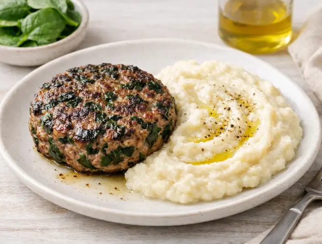 Hamburguesa de ternera y espinacas con pur&eacute; sin patata