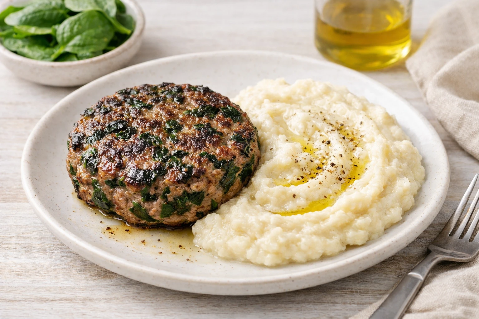 Hamburguesa de ternera y espinacas con pur&eacute; sin patata