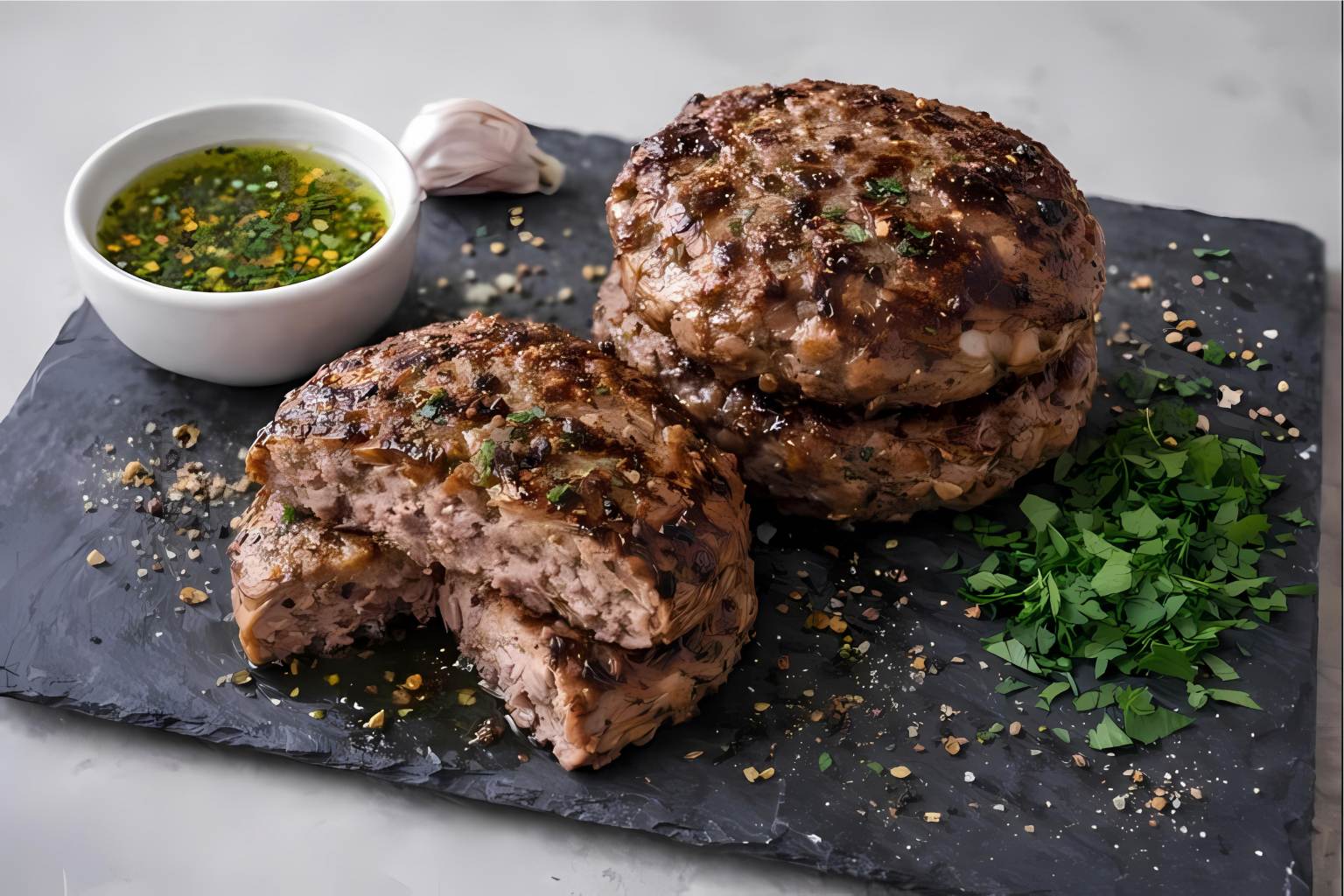Hamburguesas de ternera caseras doradas en pizarra, con perejil fresco y aceite de oliva en fondo neutro y luminoso.