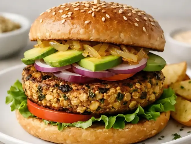 Hamburguesa de tofu y quinoa a la plancha, dorada y crujiente, servida en plato blanco con hojas de albahaca