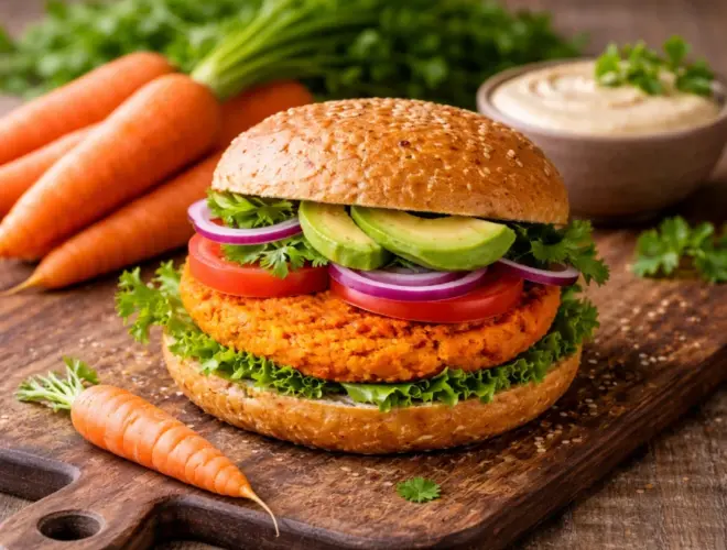 Hamburguesas de zanahoria de ternera a la plancha, doradas y jugosas, servidas en plato con ensalada