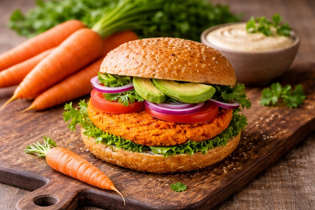 Hamburguesas de zanahoria de ternera a la plancha, doradas y jugosas, servidas en plato con ensalada