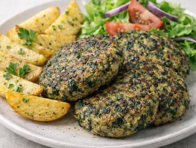 Hamburguesas de espinacas con ternera doradas a la plancha, presentadas en plato blanco con guarnici&oacute;n ligera