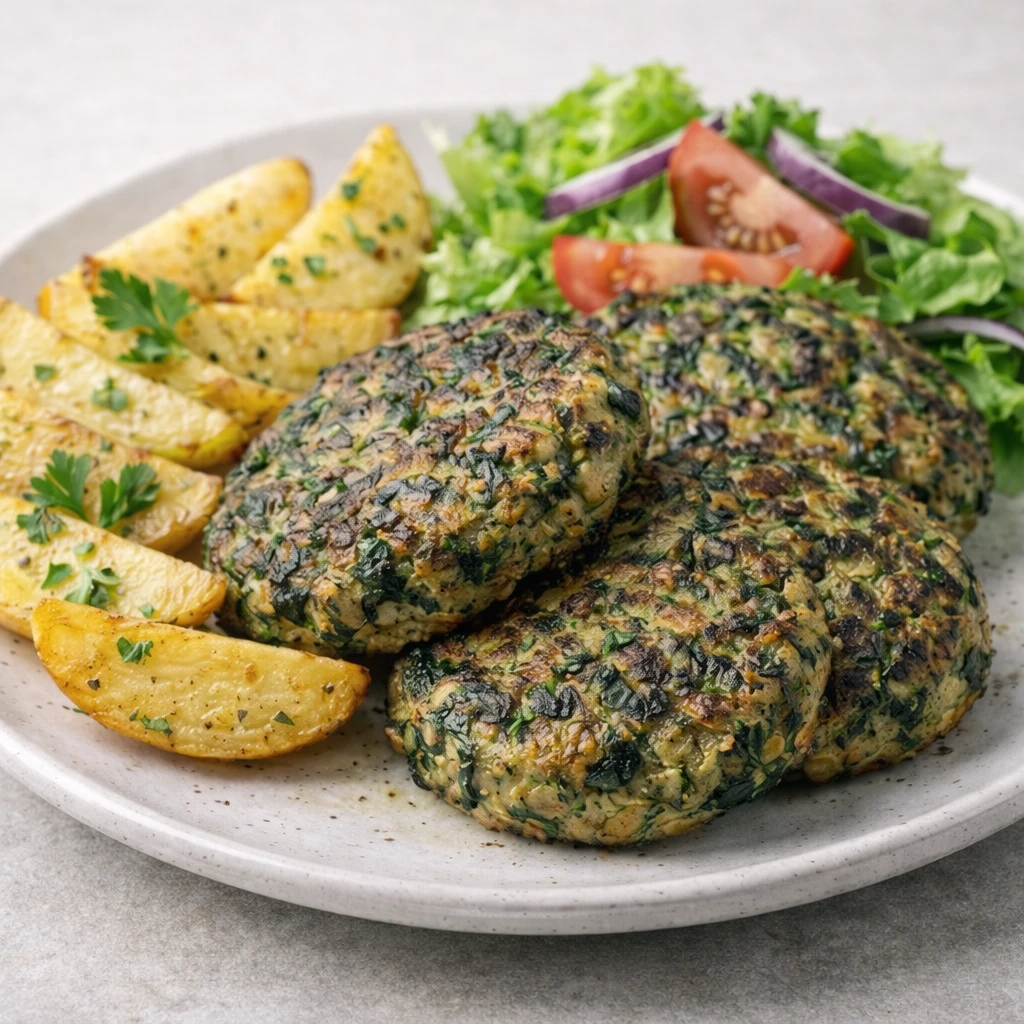 Hamburguesas de espinacas con ternera doradas a la plancha, presentadas en plato blanco con guarnici&oacute;n ligera