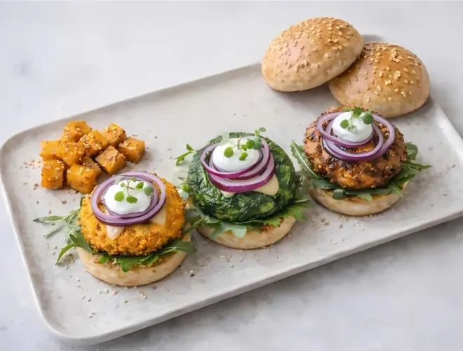 Hamburguesas tricolor caseras de ternera con calabaza, calabac&iacute;n y espinacas, en plato blanco y fondo neutro