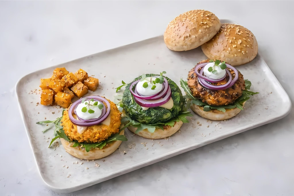 Hamburguesas tricolor caseras de ternera con calabaza, calabac&iacute;n y espinacas, en plato blanco y fondo neutro