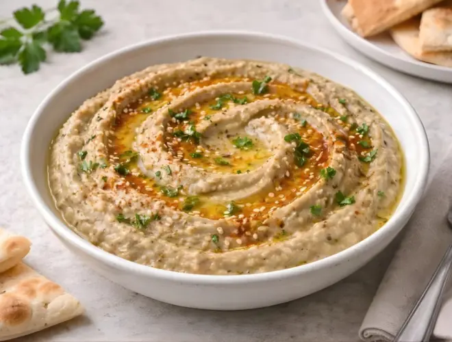 Hummus de berenjena cremoso en cuenco blanco, con aceite de oliva, piment&oacute;n y s&eacute;samo, en fondo neutro y luz natural