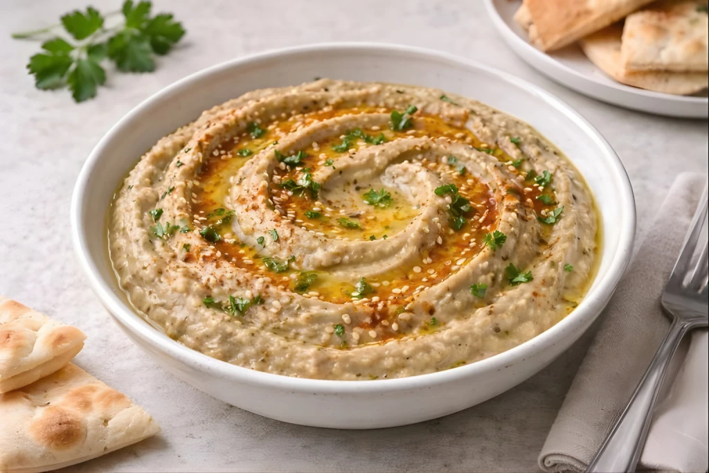 Hummus de berenjena cremoso en cuenco blanco, con aceite de oliva, piment&oacute;n y s&eacute;samo, en fondo neutro y luz natural