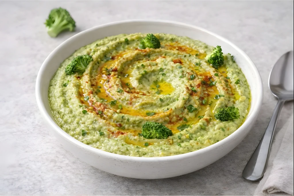 Hummus de br&oacute;coli cremoso en cuenco blanco con hilo de aceite de oliva y piment&oacute;n dulce, fondo neutro y luz natural