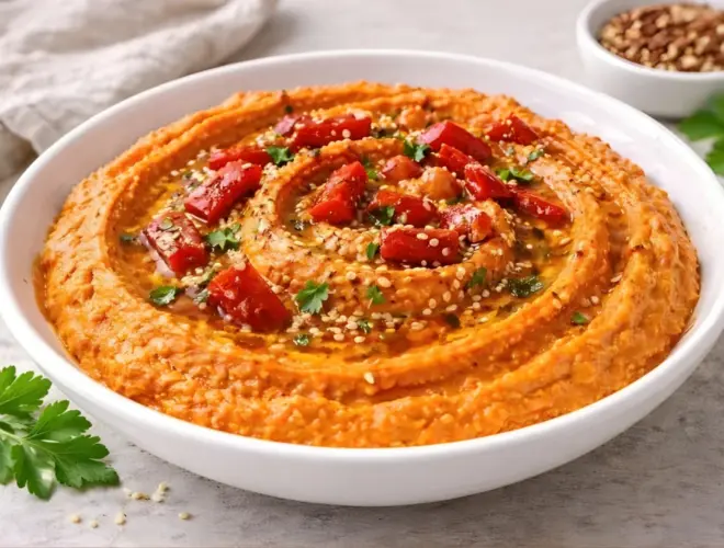 Hummus de pimiento del piquillo cremoso con aceite de oliva, s&eacute;samo y dados de piquillo, servido en cuenco blanco sobre fondo neutro.