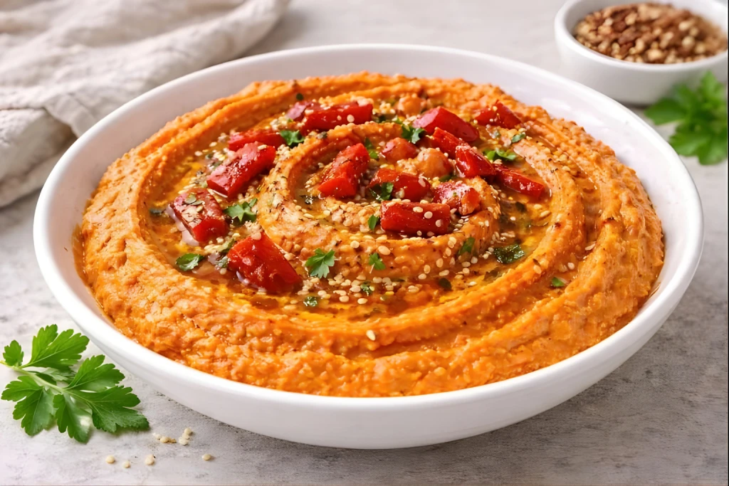 Hummus de pimiento del piquillo cremoso con aceite de oliva, s&eacute;samo y dados de piquillo, servido en cuenco blanco sobre fondo neutro.