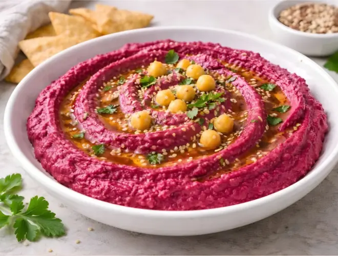 Hummus de remolacha cremoso con garbanzos, aceite de oliva y s&eacute;samo, servido en cuenco blanco con fondo neutro y luz natural.