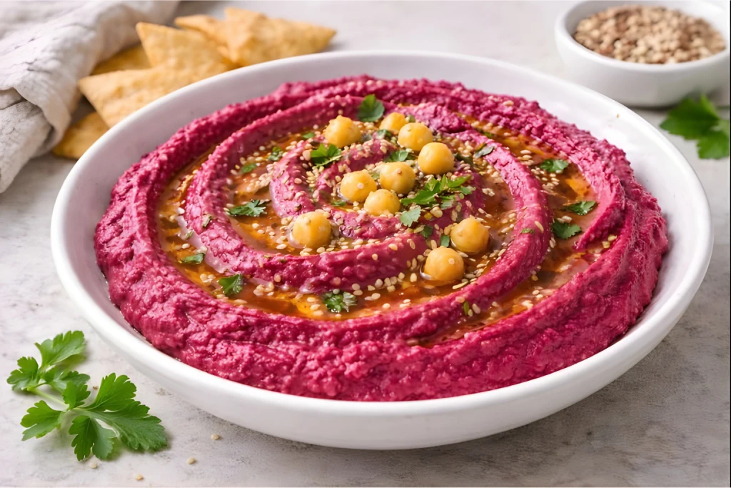 Hummus de remolacha cremoso con garbanzos, aceite de oliva y s&eacute;samo, servido en cuenco blanco con fondo neutro y luz natural.