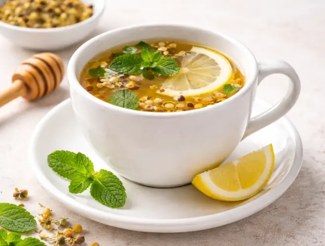 Infusi&oacute;n casera reci&eacute;n hecha en taza blanca, estilo gourmet y fondo neutro