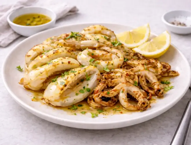 Jibia a la plancha dorada y tierna, servida en plato con un hilo de aceite de oliva y sal, fotograf&iacute;a luminosa en fondo neutro