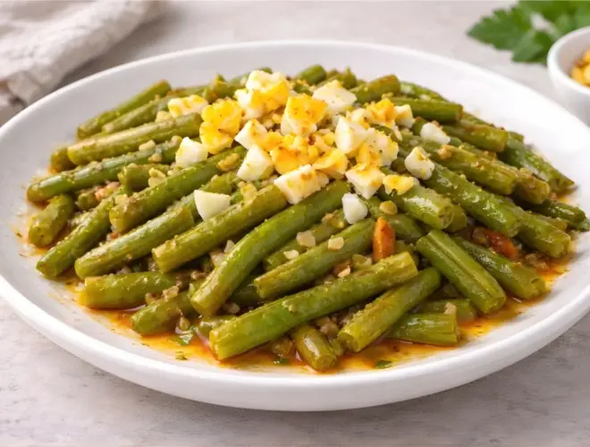Jud&iacute;as verdes con piment&oacute;n salteadas con ajo y aceite de oliva, con huevo duro troceado por encima, servidas en plato blanco y fondo neutro.