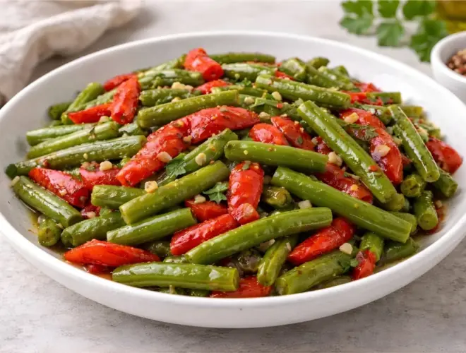 Jud&iacute;as verdes con pimientos rojos en tiras, salteadas con ajo y un toque de aceite de oliva, servidas en cuenco blanco sobre fondo neutro.