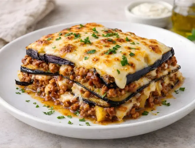 Lasa&ntilde;a de berenjenas con capas de berenjena asada, relleno jugoso y bechamel ligera gratinada, en plato blanco y fondo neutro.
